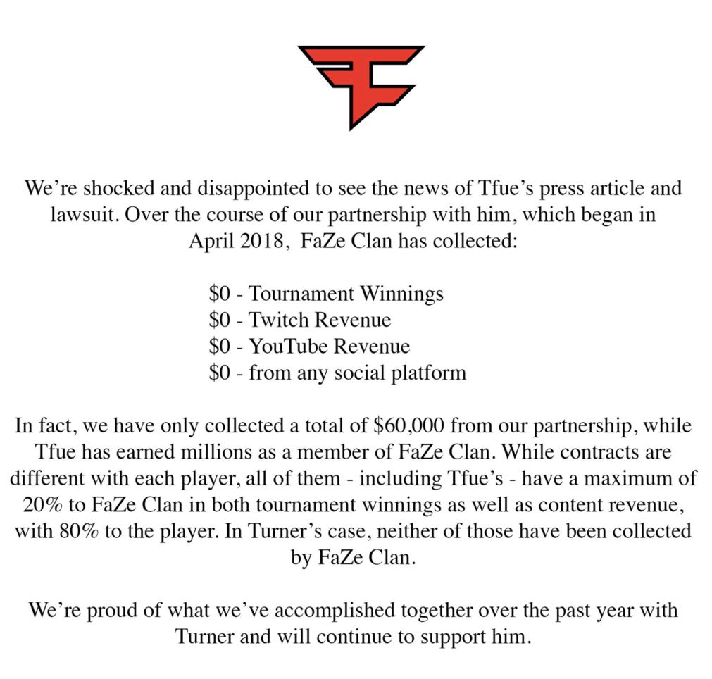 FaZe关于Tfue合约的官方声明 FaZe关于Tfue合约的官方声明