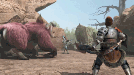 对于深陷苦战的玩家而言，凑热闹的恐暴龙是巨大的威胁（画面来自动画电影《怪物猎人：公会传奇》）