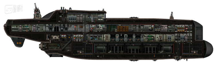 这艘官方潜艇允许在下方加装炮塔，但引擎处是绝对的射击死角