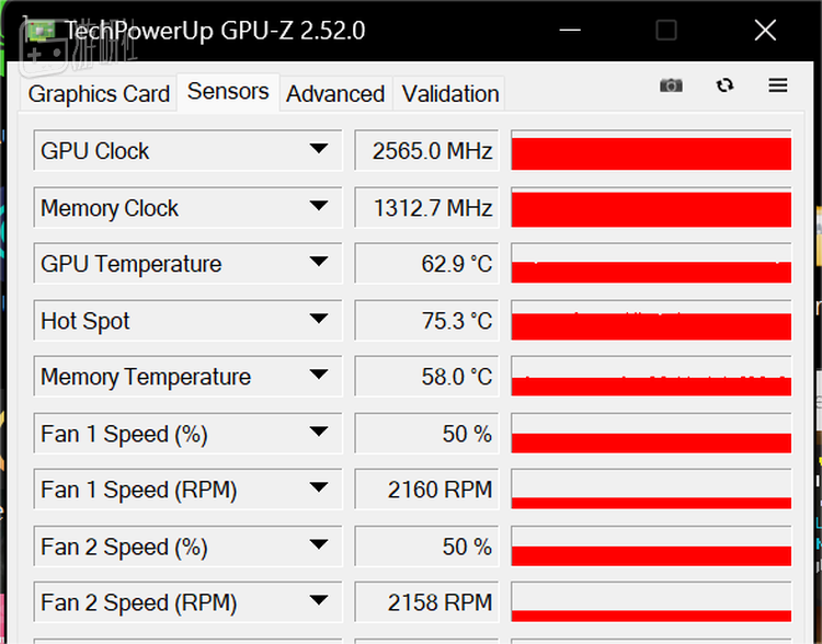  核心与显存温度良好，风扇转速不高，比较安静