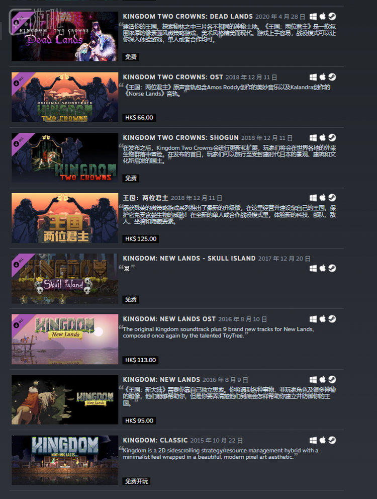 《王国》系列在steam上推出了多款作品，每一部都获得了“特别好评”。