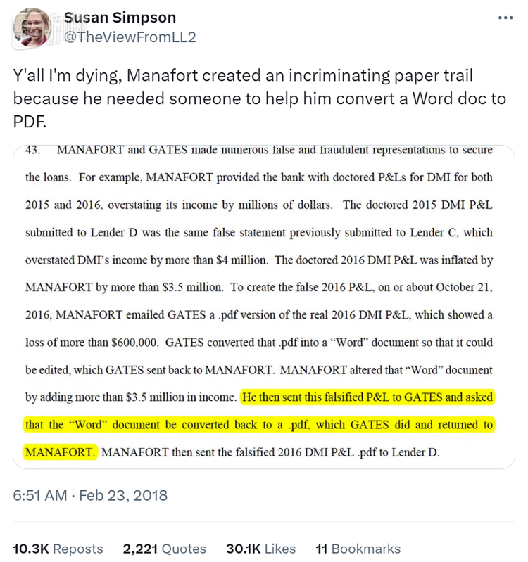 专精《反海外腐败法》和白领犯罪辩护的律师及法律博主Susan Simpson截图起诉书发推表示“已无力吐槽”