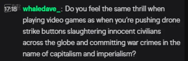 “当你玩游戏时，你是否会感到与按下无人机攻击按钮，在全球范围内屠杀无辜平民，并以资本主义和帝国主义的名义犯下战争罪行时一样的兴奋感？”