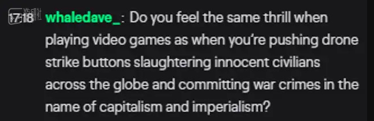 “当你玩游戏时，你是否会感到与按下无人机攻击按钮，在全球范围内屠杀无辜平民，并以资本主义和帝国主义的名义犯下战争罪行时一样的兴奋感？”