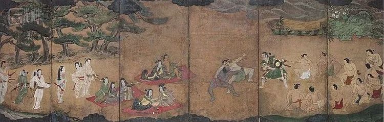 未知作者创作的《相扑游乐图屏风》，中间相扑的两个人可能是弥助和信长