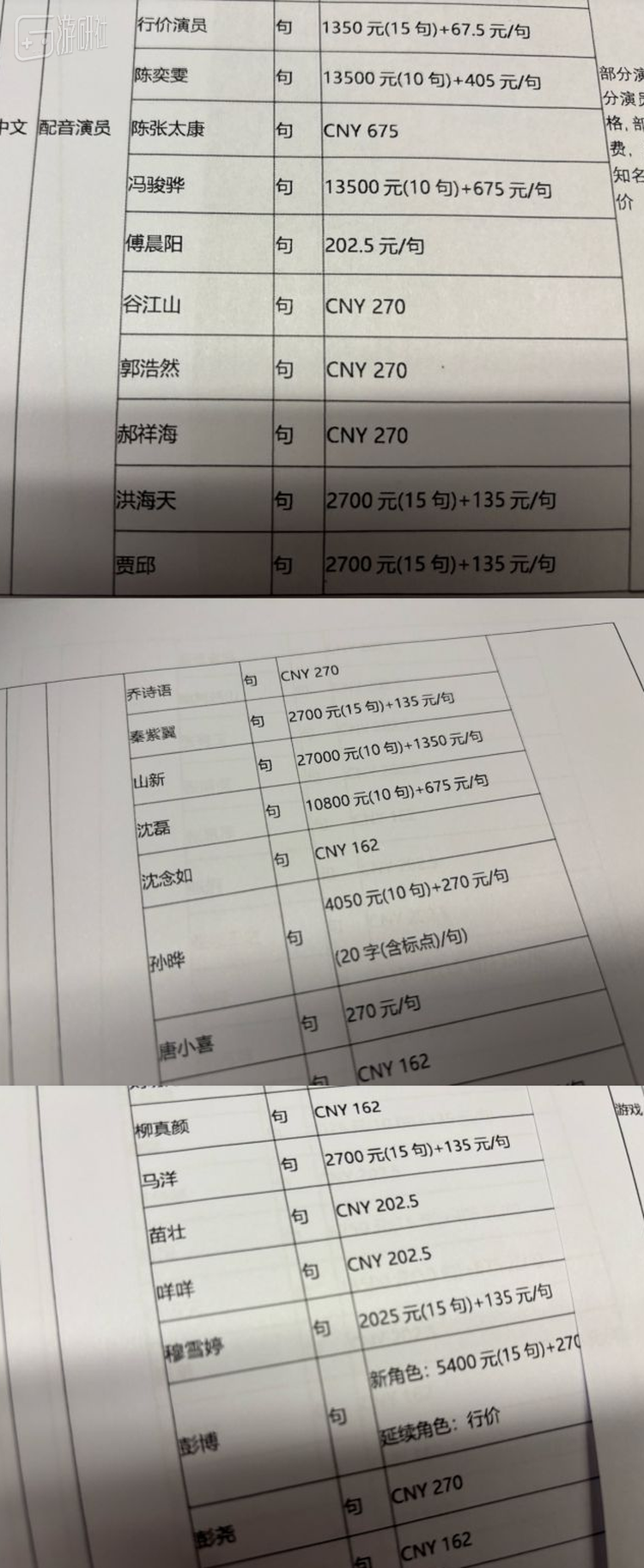 帖子内一些国内知名配音演员的报价单