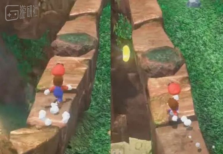 《超级马力欧奥德赛》，在左图的情景下，推动右摇杆便会发现桥下有月亮