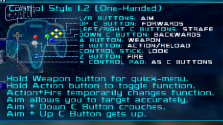 《黄金眼》的单摇杆操作说明。就算是如今的手柄射击游戏老玩家，初见也得在脑子里转换一下。