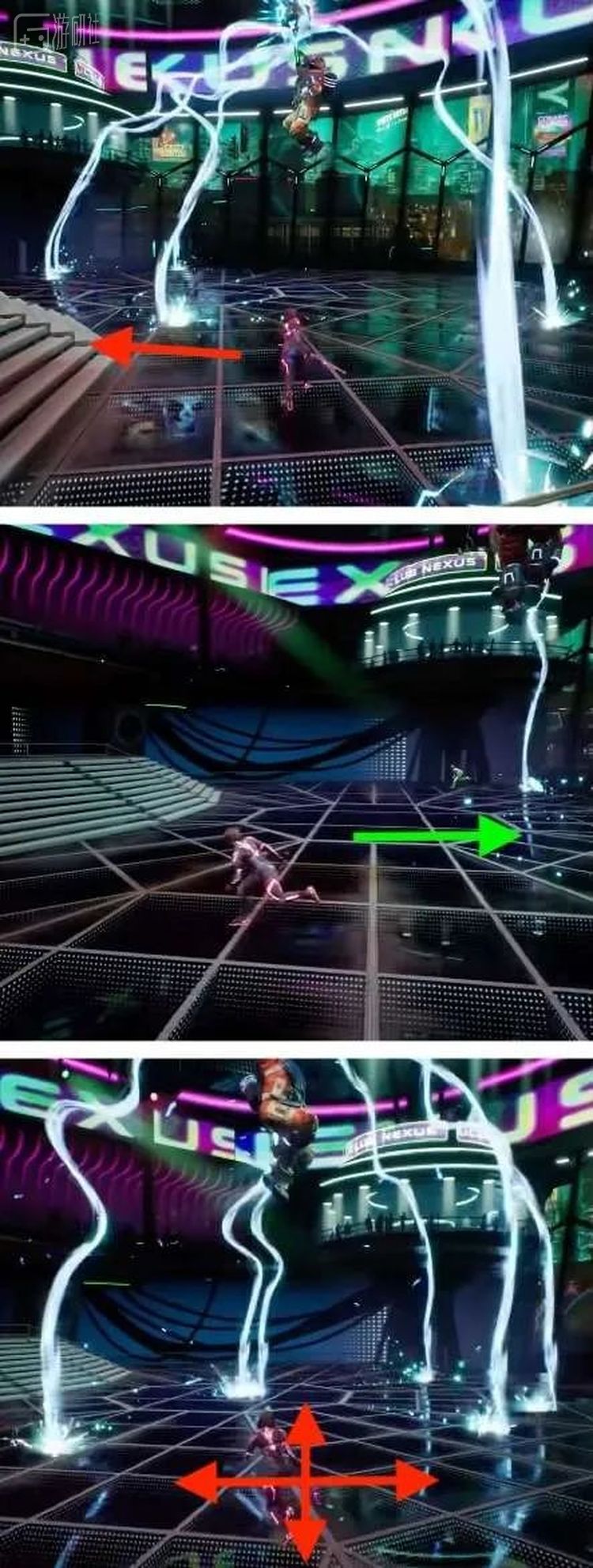 红箭头代表左摇杆移动人物，绿箭头代表右摇杆调整视角。很多时候并不需要同时操作两个摇杆。