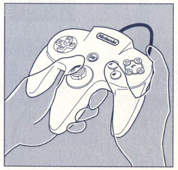 N64游戏机说明书中的握法示意图，它只有中间的一个摇杆