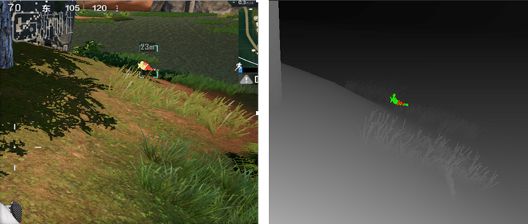 左图是在草丛中趴着的敌人，相关Replay数据经过一套深度检测方案后，可以处理成右图里的直观信息
