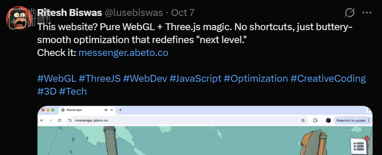 “纯粹的 WebGL + Three.js 魔法。没有捷径，只有丝般顺滑的优化。”