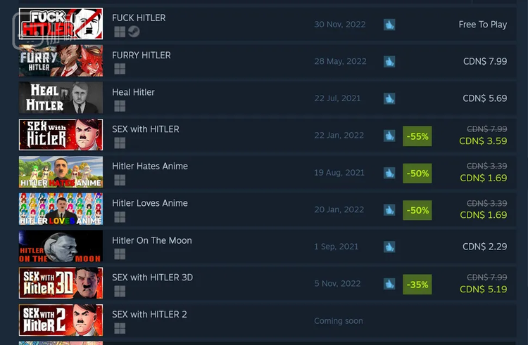 2022年相关事件中，Steam被指包容极端主义的“证据”