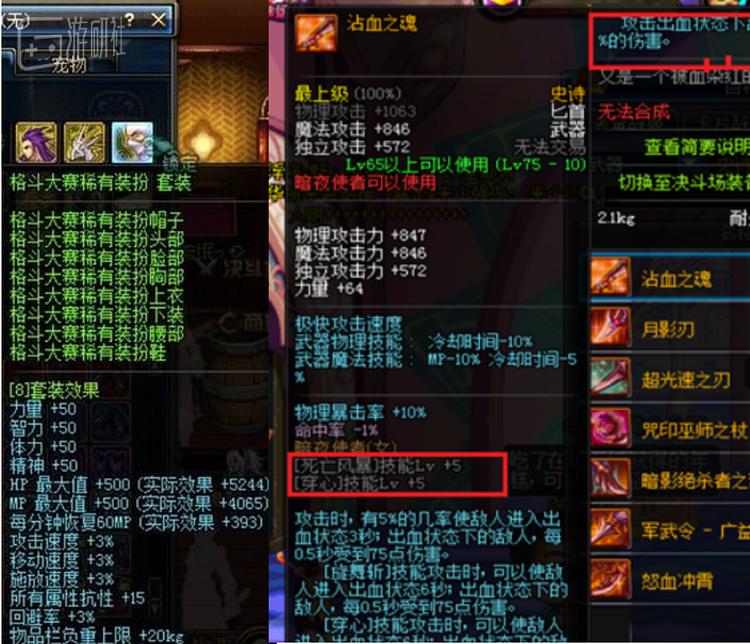 左侧时装与右侧武器的数值描述