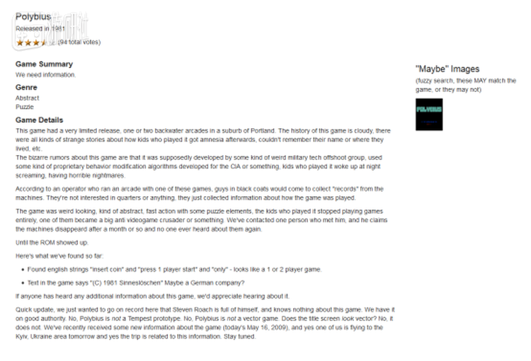 coinop.org上关于《POLYBIUS》的记录