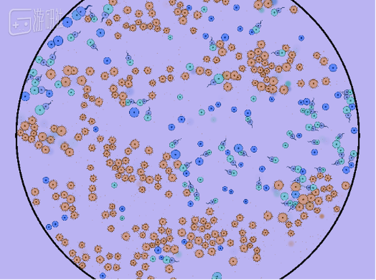 图片中展示了一个简单的生态系统，devorocyte靠着蓝色的“孢子生物”来繁衍