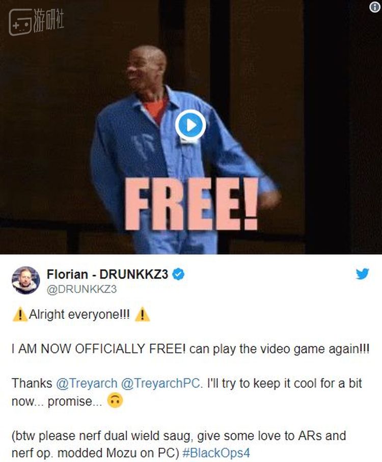 “我现在又可以玩游戏了，我终于被解封了！谢谢你们@Treyarch，顺便说一句，请削弱一下双持Saug，多给步枪一点爱吧，还有优化一下PC战网”