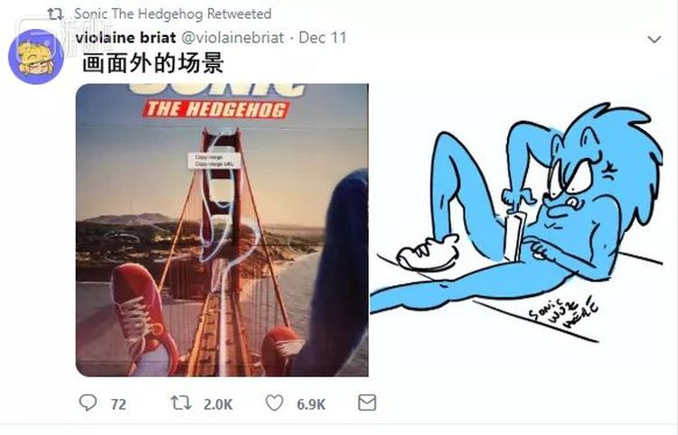 绘图派提出的假想姿势，索尼克努力拍照的神情有些狰狞