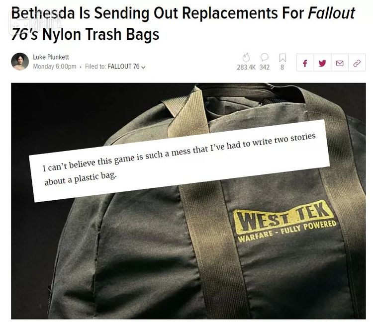 这里指《辐射76》典藏版里本该附赠的帆布包，在实际发售时竟被悄悄替换成一个非常廉价的尼龙包，从而引发了玩家们的愤怒