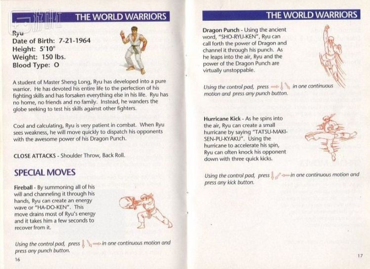  《街头霸王2》说明书中隆的出招表