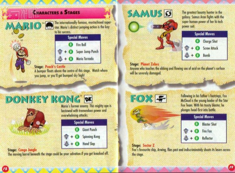  初代《任天堂明星大乱斗》说明书中的出招表