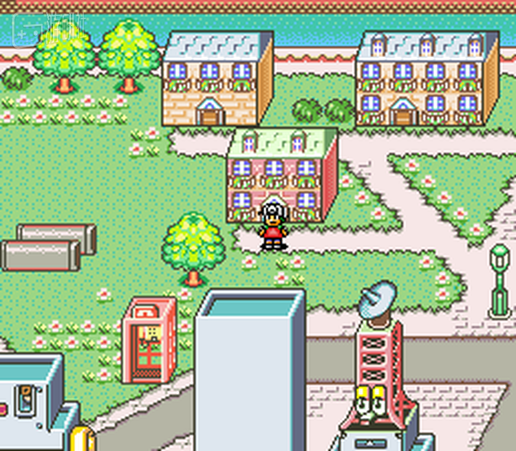 Satellaview的“广播游戏”界面是一个小镇，不同的建筑物代表着不同的游戏