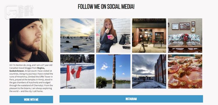 肯顿的博客页面，里贾纳的照片和世界各地的旅游照片各占一半