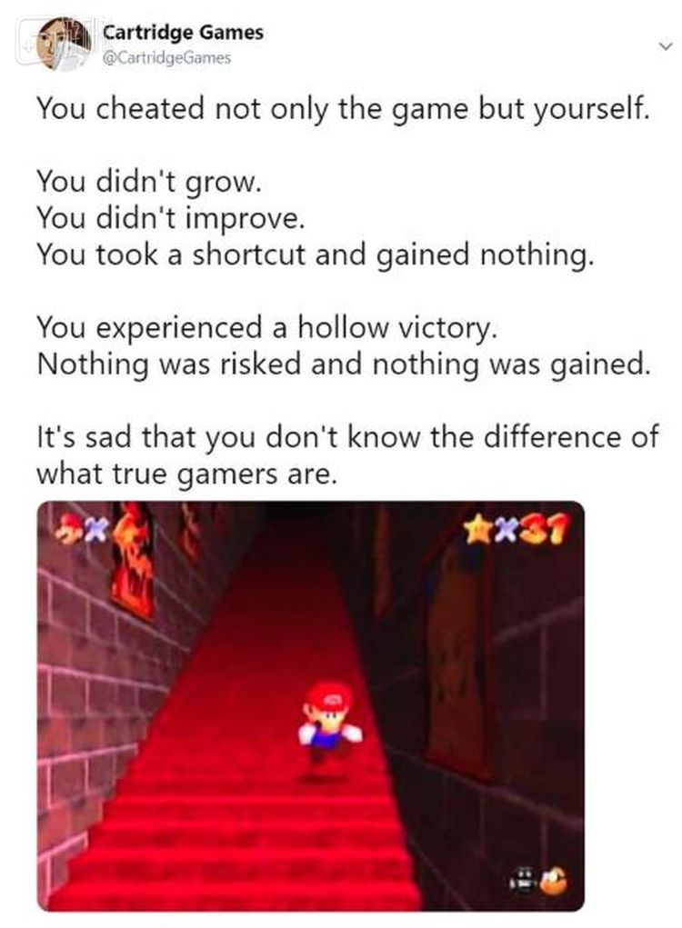 有玩家自嘲式地在《马里奥64》的“后跳”技巧（游戏特殊的通关操作）中附上了这段话