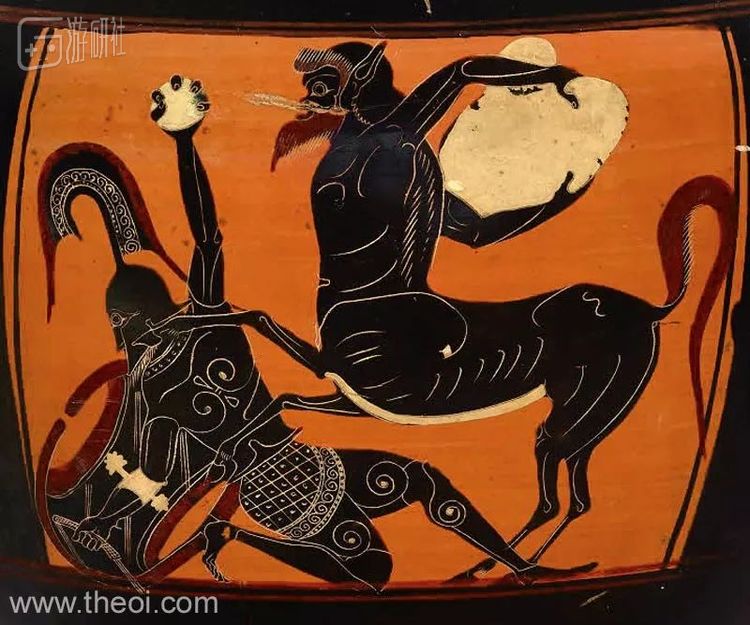 古希腊陶器拓印《半人马族与拉皮斯人的战争》（公元前 520 - 500年）/画中人类与半人马手中石块的相对大小，是为了突出半人马的超自然力量