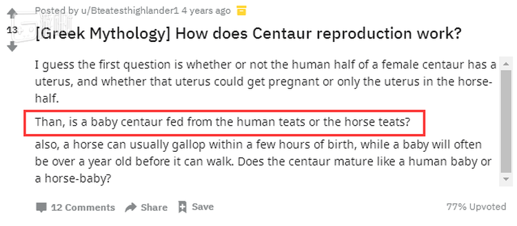 “半人马宝宝是通过人的乳房还是马的乳房喂养的”