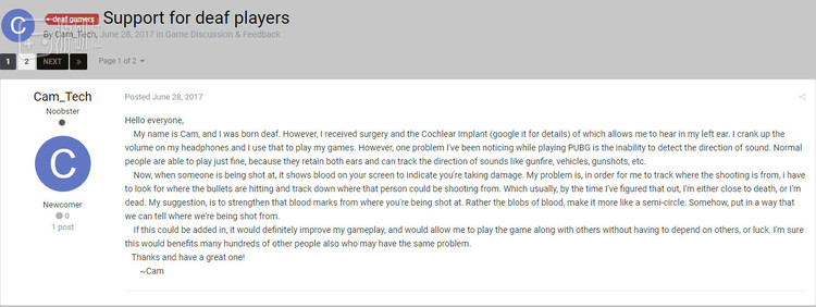 他提到：“ 普通人可以玩得很好，因为他们双耳听力齐全，还可以跟踪声音的方向，如枪声，车辆声等。”