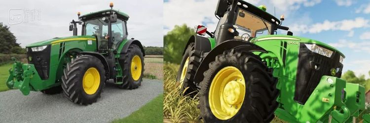  现实中的约翰迪尔8R-8400R拖拉机（左） 与游戏中的它（右） 