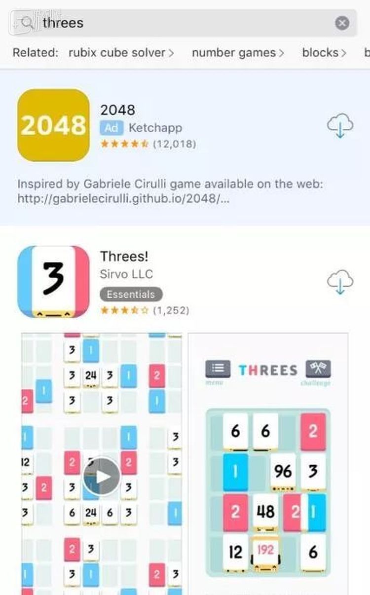 在商店搜索Threes的时候，会弹出Ketchapp的《2048》广告