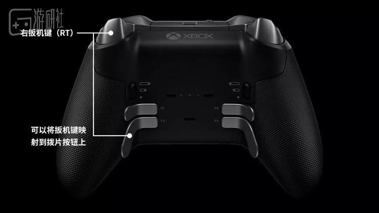 二代精英手柄后方配备有四枚拨片按钮，按压拨片会比按压扳机键来得轻松