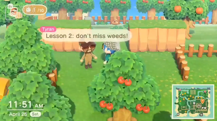 Tybat（左）正在向拔草新人（右）传授技巧