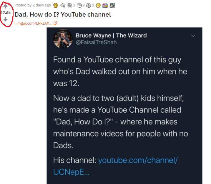 “我发现了一个Youtube频道，它属于一个12岁时被父亲抛弃的人。现在他是两个成年人的父亲，这些视频是他做给那些没有父亲的孩子们的”