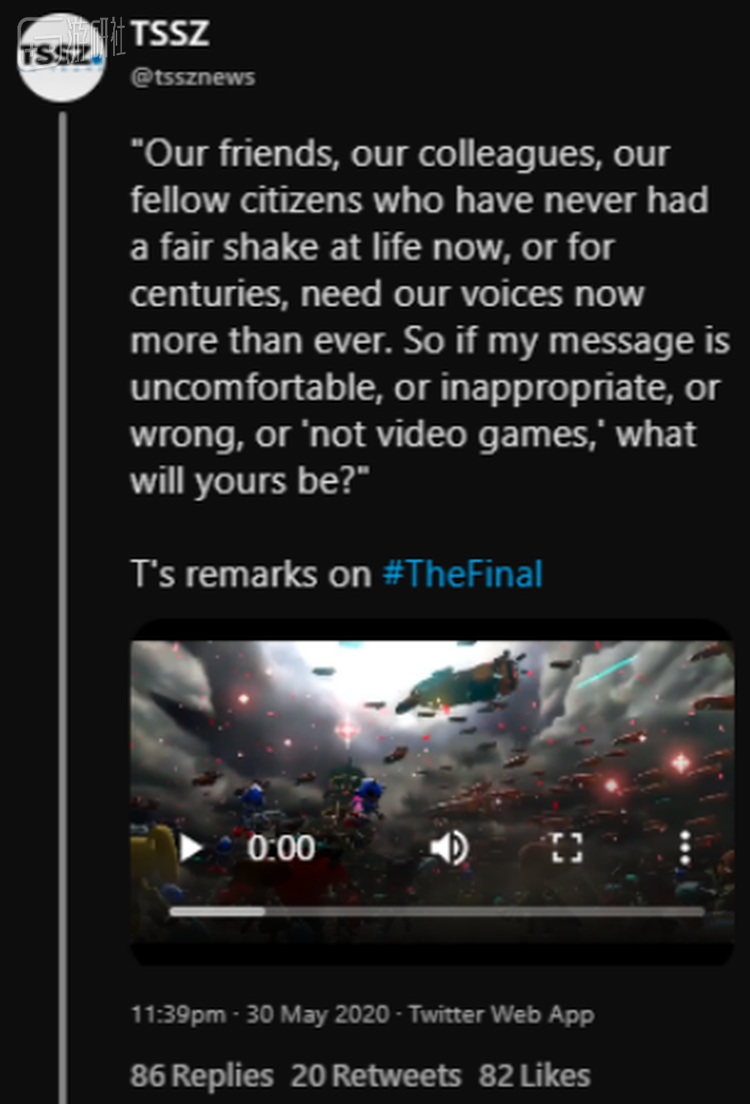 “我们的同胞比以往任何时候都需要我们的声音，如果这种时候我说这和游戏无关，你会怎么觉得？”