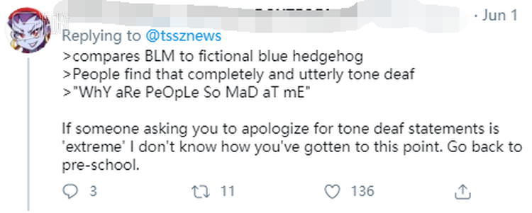 “如果有人要求你为你失智的言论道歉是极端行为的话，我不知道你是如何想出了这样的主意来应对的，回学前班去吧”