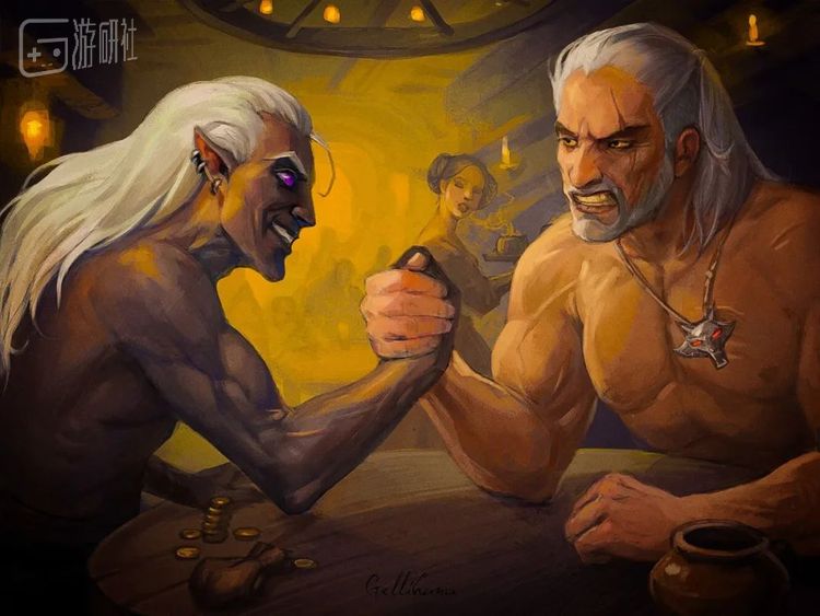 玩家Gellihana绘制的崔斯特、杰洛特扳手腕同人图