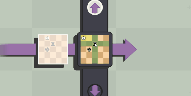 一个相对简单的例子，黑方被将军，便决定把国王传送到上一回合，开启了B时间线