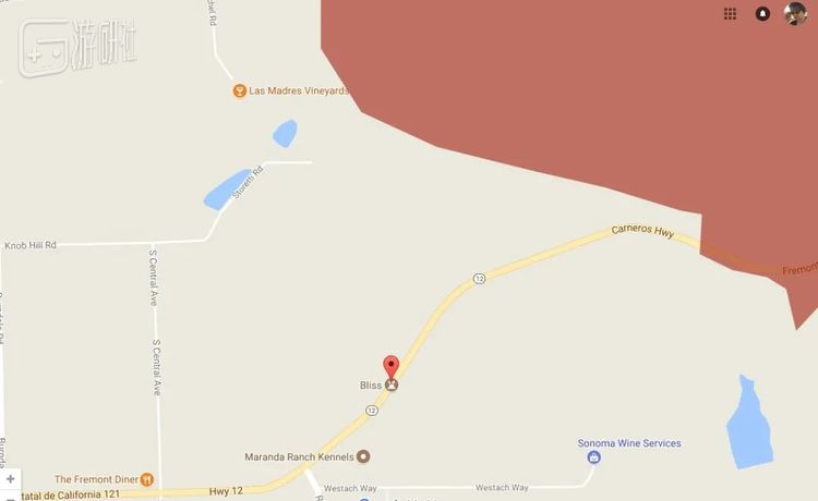 红色为火灾区域，标注地点为Bliss极乐