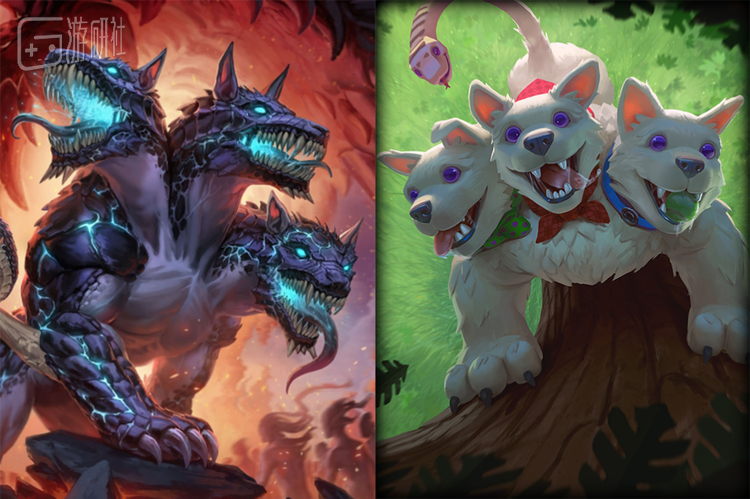 游戏《神之浩劫》中的刻耳柏洛斯，默认的普通皮肤（左）与“萌犬上路”高级皮肤