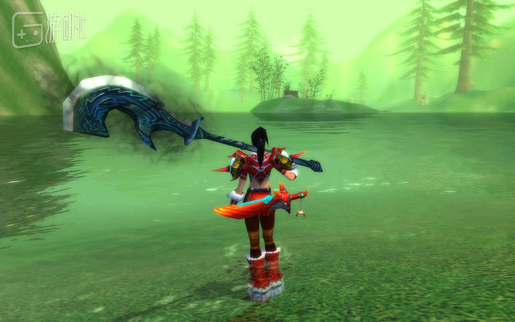 《天下贰》中的女性荒火一身红衣，佩一把巨刀