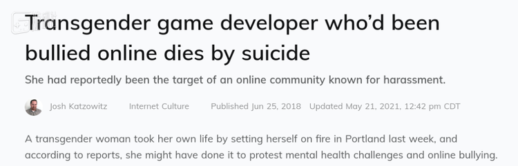 另一名同样被Kiwi Farms霸凌至自杀的跨性别游戏开发者
