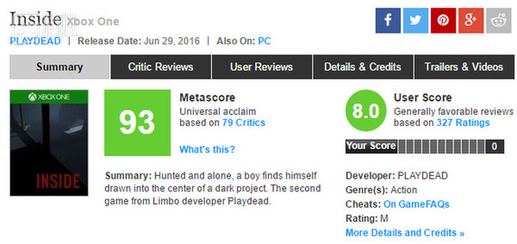 在评分总汇网站Metacritic上，《深入》得到了平均93的高分，79家媒体均给出正面评价