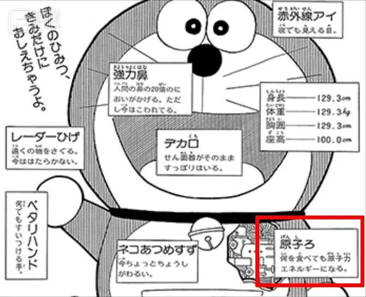 旧版《哆啦A梦大百科》中，对核能动力的设定有着非常清楚的描述