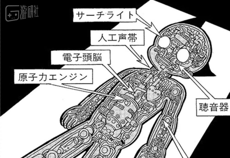 《铁臂阿童木》早期的设定图中，清楚地标明了原子能的动力系统