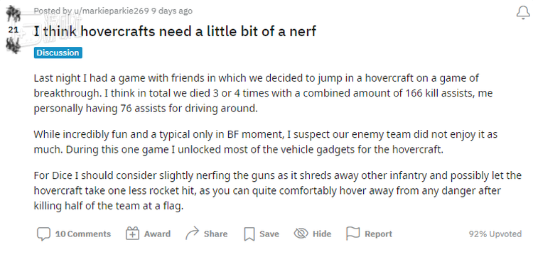 “我用气垫船赢了，但我猜我的对手并不喜欢这样的游戏体验。Dice我建议你削弱气垫船吧，至少让它少抗一枚火箭弹也行啊。”