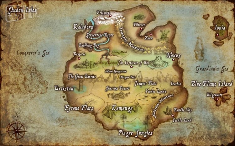 早期官方绘制的瓦罗兰大陆地图，许多模块的位置与如今英雄联盟宇宙中的符文大陆已经很接近了