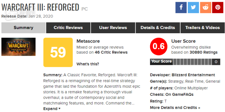 《魔兽3重制版》曾经是MC上第一个跌破0.5分的游戏